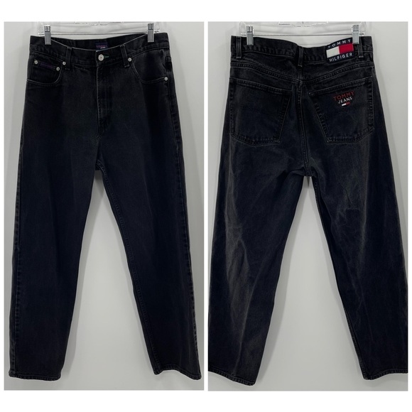Vintage Tommy Hilfiger Black Relaxed Fit Wide Leg Jeans Size 34 x 32